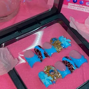 Summer Ready Acrylic Press On Nails Any Length with Leopard and Bow Designs in Blue