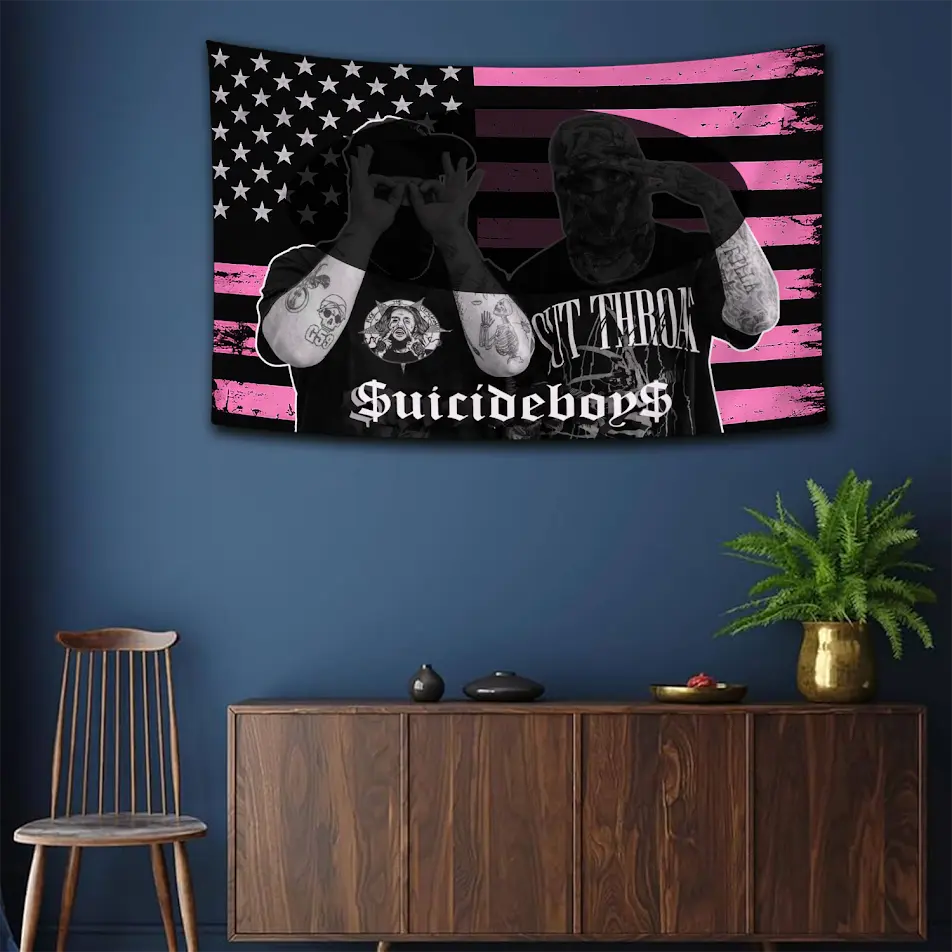 Suiciddeboys Pink Flag Tapestry, G59 Rap Duo Wall Art For Fans, Hip Hop Merch, Bedroom Decor, 3x5 Feet Indoor Wall Decor | GN050226.R2707.ID00