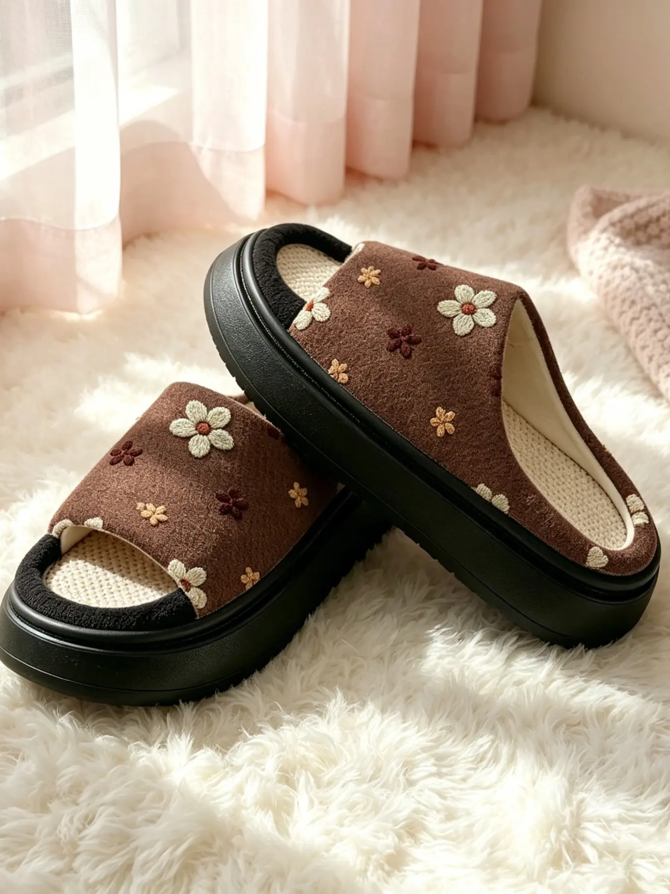 Deep Daisy Home Slippers, Waffle Breathable Insole, Thick Sole Women's Casual Sandals, Comfortable Indoor Footwear