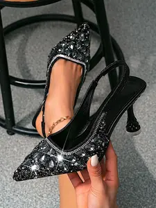 Women's Fashionable Rhinestone Decorated High Heel Sandals, Elegant Pointed Toe Sandals for Party, Daily Clothing Decor for Women, Footwear, Fashionable Heeled Sandals
