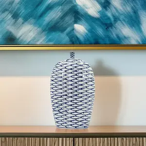 360 Stand 16 in. Hand-Painted Oval Ceramic Home Decorative Vase, Blue & White Fish Print, 360-Degree Rotatable, Contemporary Modern Indoor Decoration Centerpiece, Ideal Home Supplies Gift, Modern Ceramic Vase