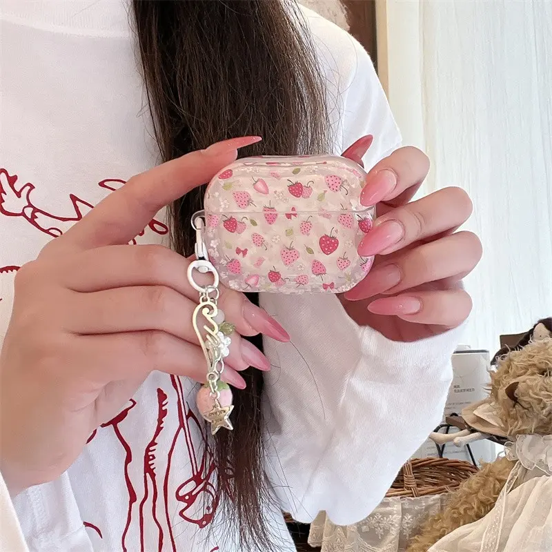 The fresh and Cute floral-print strawberry earphone case with a strawberry pendant, Headphone Accessories, Audio Accessory, is suitable for AirPods 1 2 3 4 Pro Pro2 Pro3