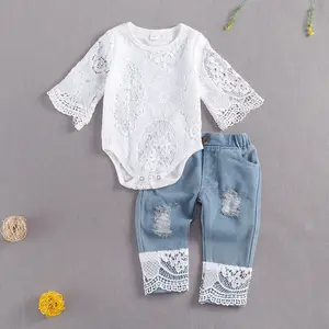 Baby Girls Summer Clothes Set Lace Hollow Out Long Sleeve Lace Romper + Ripped Patchwork Jeans Infant Cute 2Pcs Outfits