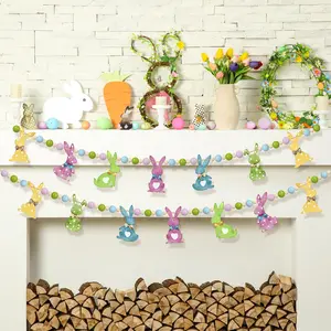 Easter Wood Bunny Beads Garland Mantle Banner 6.56 ft Easter Decorations Rustic White or Colorful Rabbits Hanging Garland for Wall Fireplace Shelf Mantle Display Indoor Outdoor Spring Home Decor Party Supplies