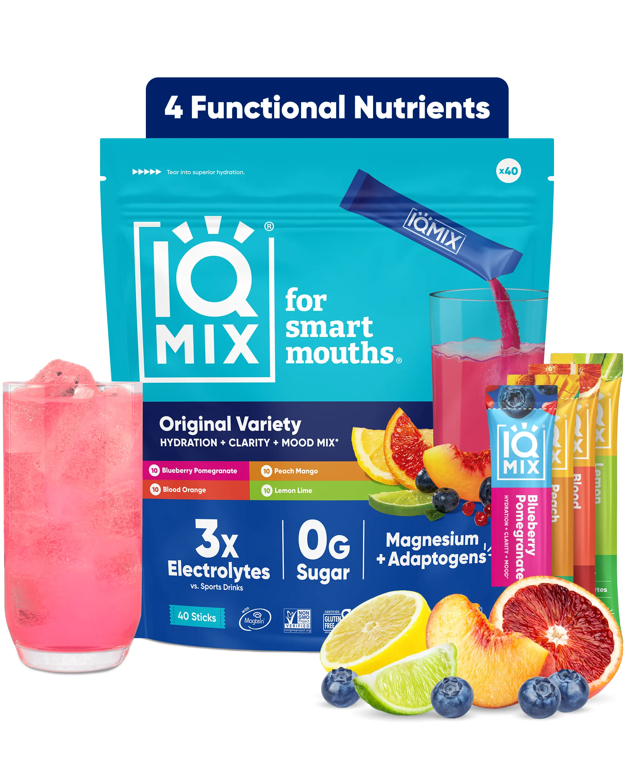 IQMIX Variety Pack (40 Sticks) - Sugar-Free Vegan Electrolytes Powder Packets, Lemon Flavor, Dairy-Free Dietary Powder Drink Hydration Supplement