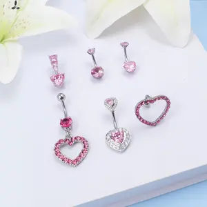 6pcs Belly Button Ring Dangle Navel Belly Piercing Jewelry Cute Pink CZ Heart Flower Navel Belly Rings for Women 14G Silver Stainless Steel Dainty Dangly Dangling Belly Button Piercing - Home Improvement