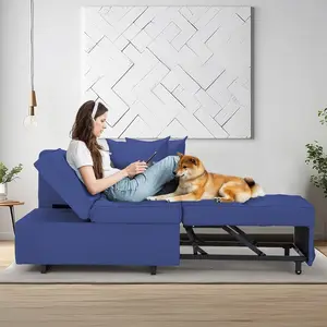 5-Position Adjustable Backrest Sleeper Chair (Dark Blue) - 3-in-1 Convertible Sofa Bed with Pull Out Storage Bench, Faux Linen Fabric, Fold Out for Small Rooms, Apartments & Living Rooms