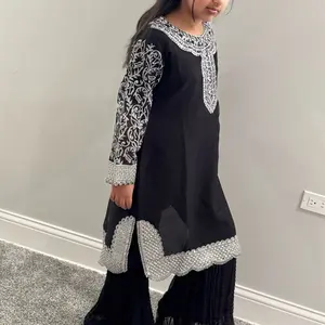 Indian Pakistani Girls Black Chiffon Dress Shalwar Kameez Available in Sizes A, B, C & D for Ages 6-12