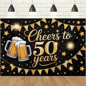 1pc 2D Black Gold Cheers to 50 Years Backdrop Banner, Beer Mug & Bunting Elements, Retro & Festive Style, Perfect for 50th Birthday Party, Golden Wedding Celebration, Company Anniversary Event Decor, Photo Booth Prop