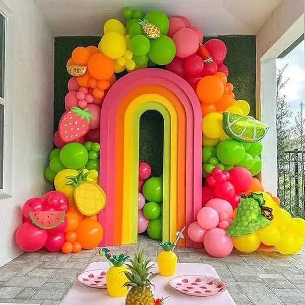 Fruit Balloon Garland Arch Kit Pink Rose Red Yellow Green Orange Balloons with strawberry Lemon Orange Foil Balloons for Fruity Party Decorations Sweet Birthday Party