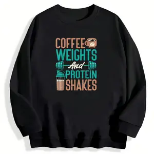 Weightlifting Long Sleeve Sweatshirt Featuring Coffee Weights and Protein Shakes Design