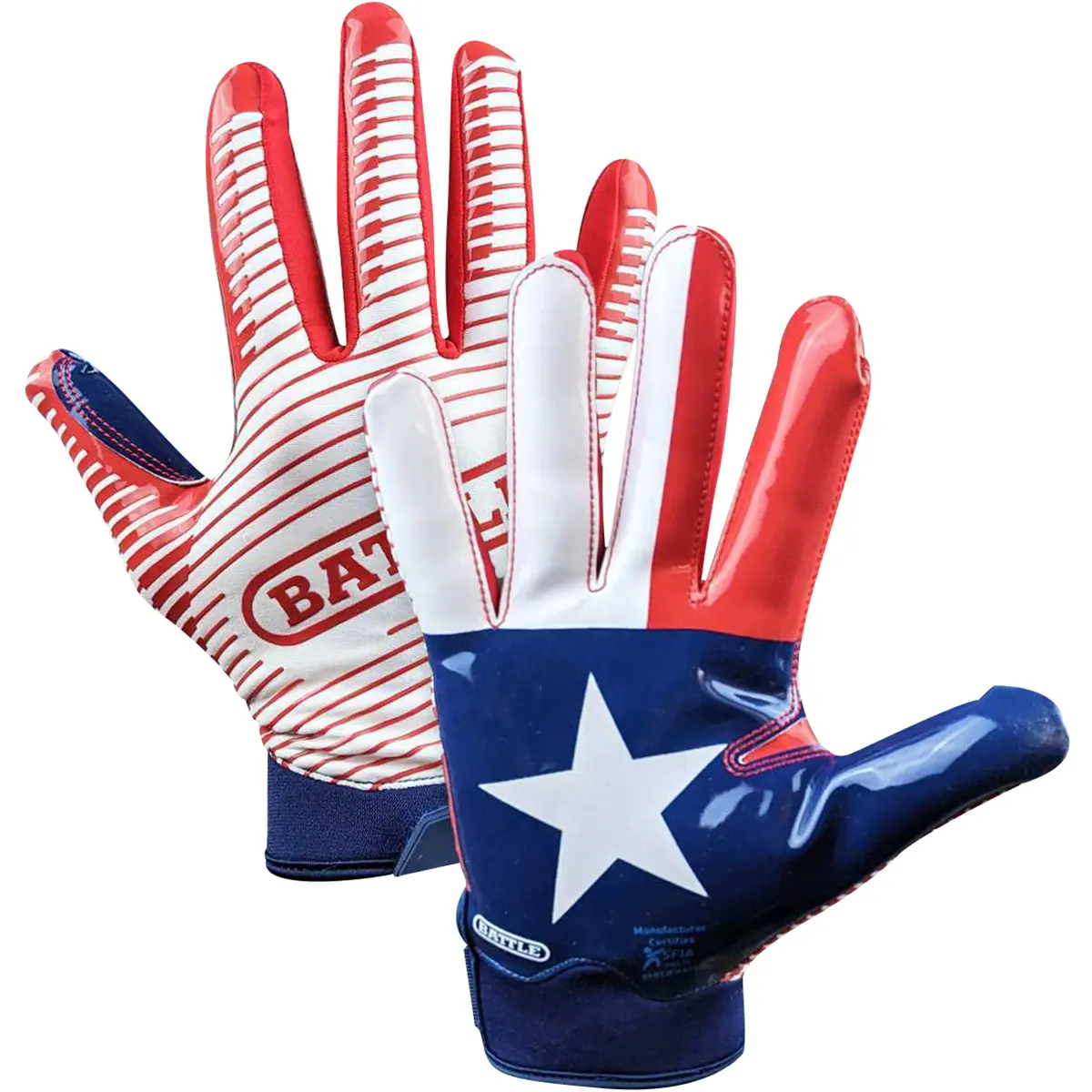 Adult Performance American Football Receiver Gloves - Battle Sports Doom 1.0, Texas Flag Design, Ultra-Stick Anti-Skid Palm, Perfect Fit Material, Breathable, Wrist Hook, Maximum Mobility, Meets NFHS/NCAA/NOCSAE Standards for Athletes