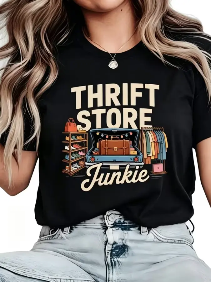 Women's Vintage Thrift Store Junkie T-Shirt - Retro Car Trunk & Clothing Rack Print, Loose Fit Crewneck Short Sleeve Top, Suitable for Casual Daily Wear, Thrift Shopping Outfits, Machine Washable Retro Style Elegant Special Line
