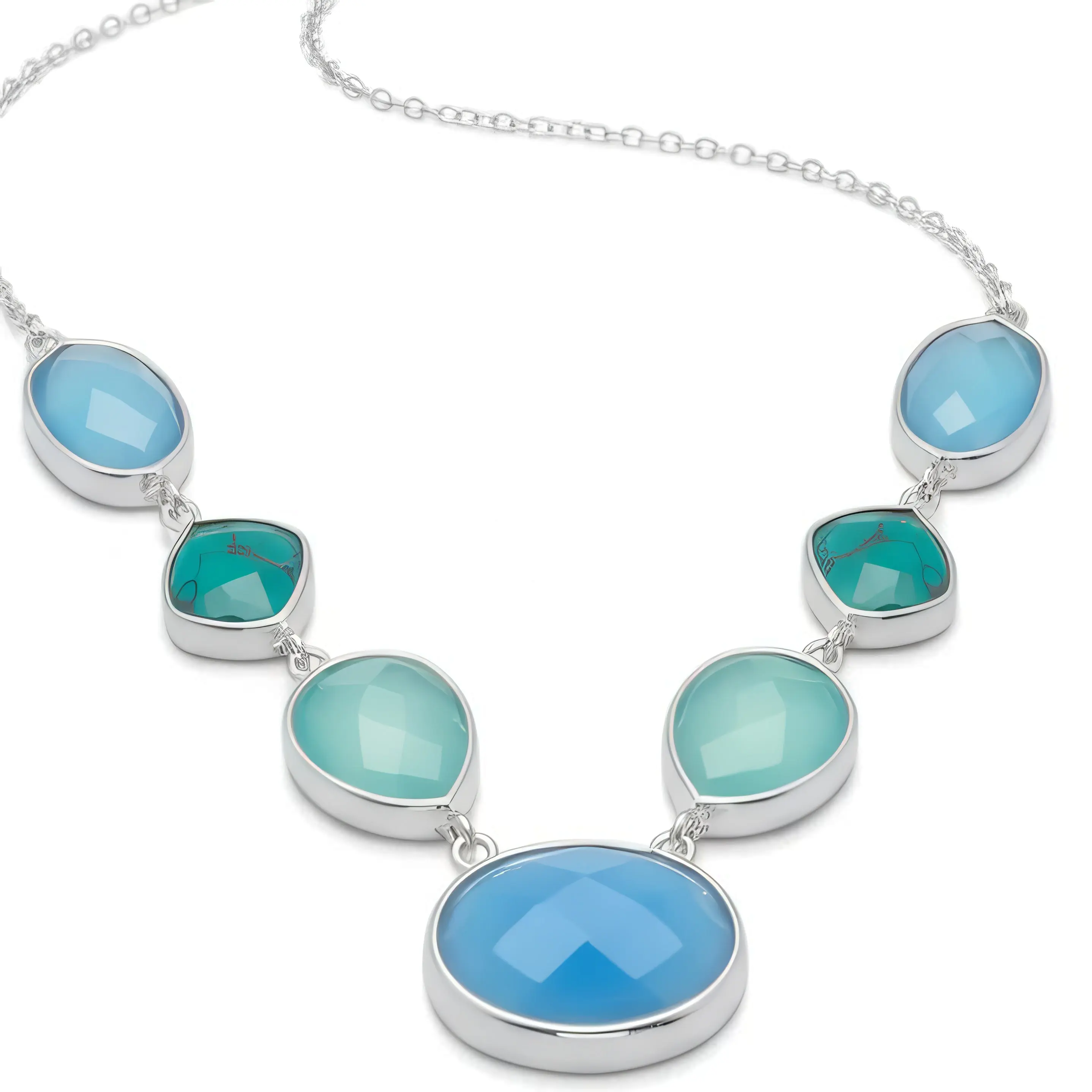 Turquoise Chalcedony Necklace 925 Sterling Silver Multistone 16+2 Inch