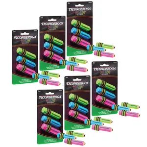 Dixon Ticonderoga  Pencil Shaped Neon Erasers for Grade K-12, Assorted Color - Pack of 6 - 3 Per Pack, Fun, Neon Colors