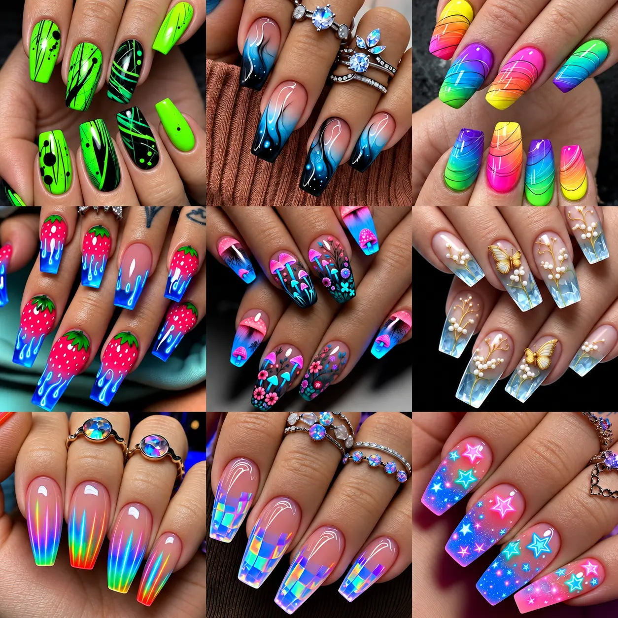 216PCS Press On Nails Set, 9 Styles, 24PCS Each, Colorful Neon Rainbow Floral Butterfly Star & Holographic Designs, Long Square/Coffin Fake Nails with Jelly Glue Tabs & Nail File, DIY Manicure Kit for Women,fall nail inspo