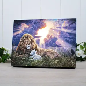 Perfect Peace 8x6 Lighted Tabletop Canvas by Abraham Hunter Majestic Lion & Gentle Lamb Fiber Optic LED Technology Easel Back Auto Timer Serene Artwork