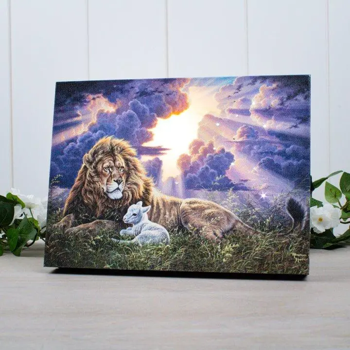 Perfect Peace 8x6 Lighted Tabletop Canvas by Abraham Hunter Majestic Lion & Gentle Lamb Fiber Optic LED Technology Easel Back Auto Timer Serene Artwork