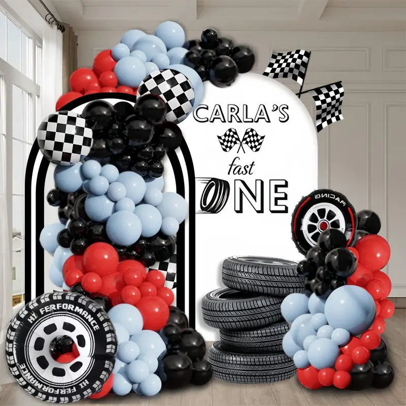 115 pieces of racing themed balloon arch set, Balloon Garland, Balloon Decorations, blue, black latex balloons paired with tires, black and white checkered aluminum foil balloons for racing themed birthday party decoration, Balloon party supplies