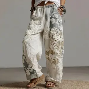 Independent station foreign trade cross-border new 3D floral print pattern elegant straight women's trousers