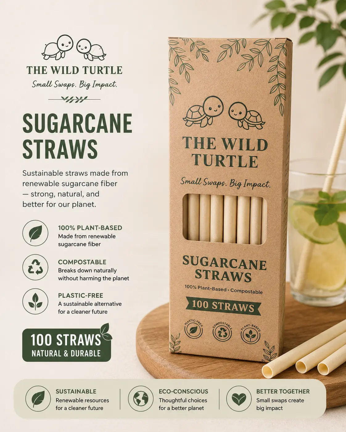 Compostable Sugarcane Straws - 100-Count Disposable Tableware Supplies for Home, Party Use, No Soggy Paper Taste