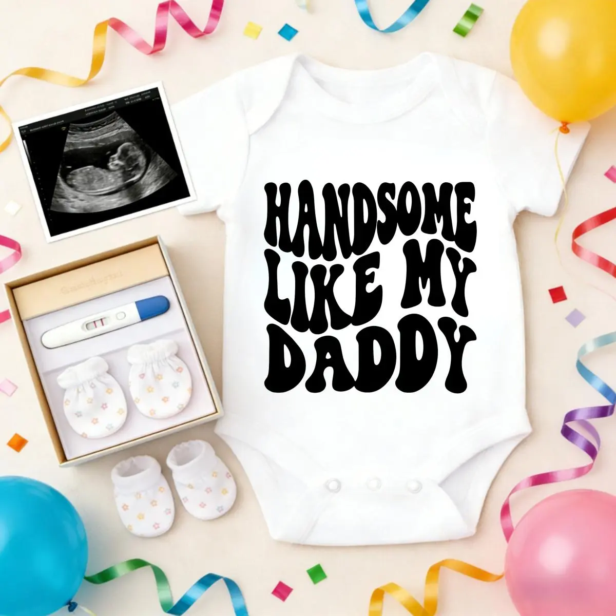 Boys' 100% Pure Cotton Bodysuit, "Handsome Like My Daddy" Print, Non-Irritating, Breathable, Snap Closure, Perfect for Gifting & Everyday Wear, 1-3cm Difference According to Manual Measurement