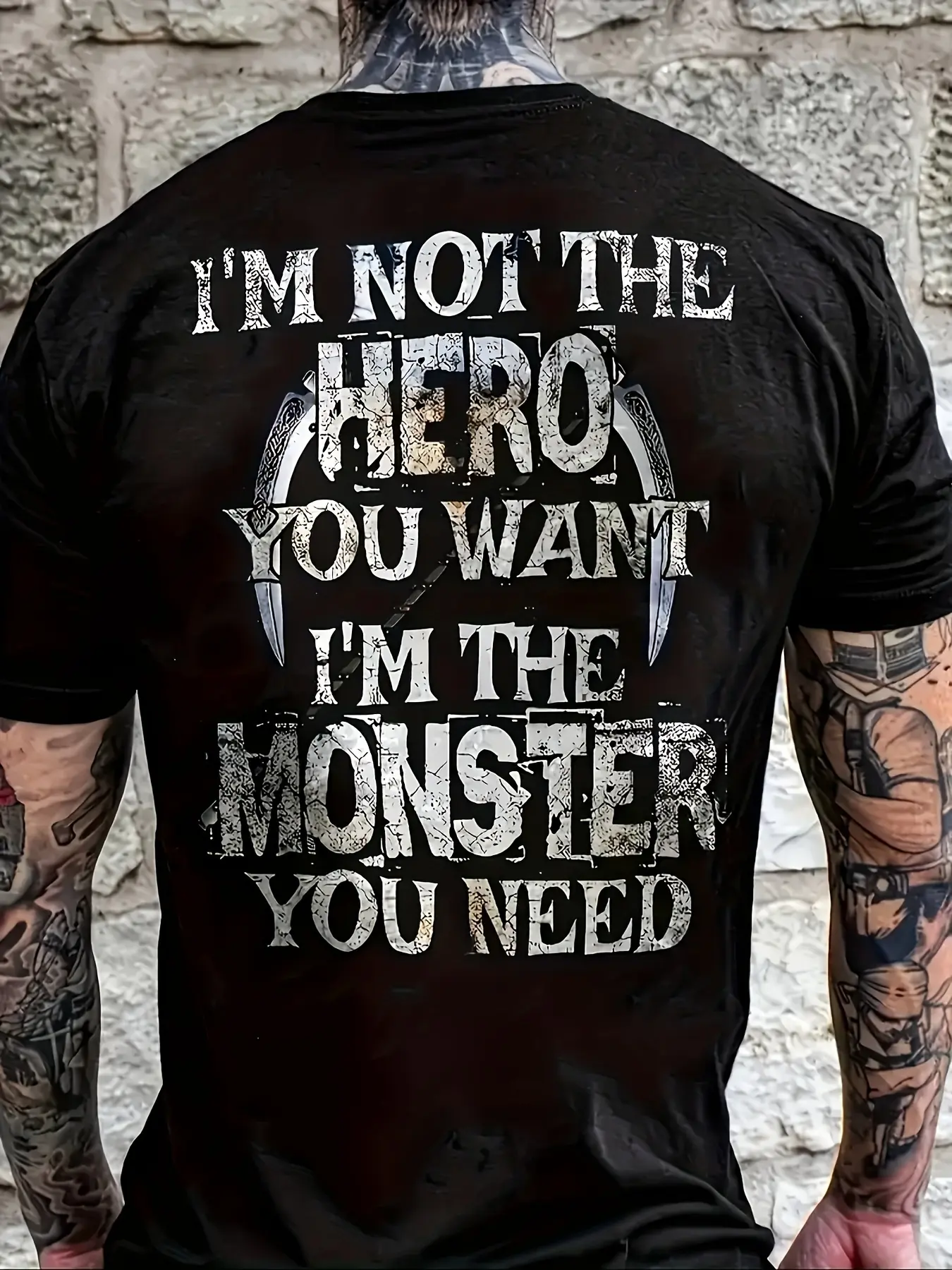 Men's I'm Not the Hero You Want I'm the Monster You Need Pattern Tshirt Made of Vintage Letter Print Stretch Fabric Casual Round Neck D Top Suitable for Outdoor and Daily Wea Classic Retro Style Round Neck Machine Washable Ideal for Casual