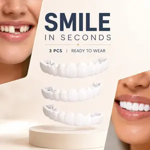 Sunkissed Bright Smile in Seconds! Cosmetic Snap On Veneers Kit for Stained & Missing Teeth Non-Medical Soft Silicone Fake Dentures Perfect Fix for Soft Flexible Outdoor Summer Parties [3 Pairs]