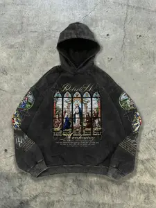 Washed Black Oversized Hoodie with Stained Glass Religious Graphic, Vintage Rebirth Awakening Gothic Streetwear, Heavyweight Boxy Fit Sweatshirt for Grunge Aesthetic & Street Style