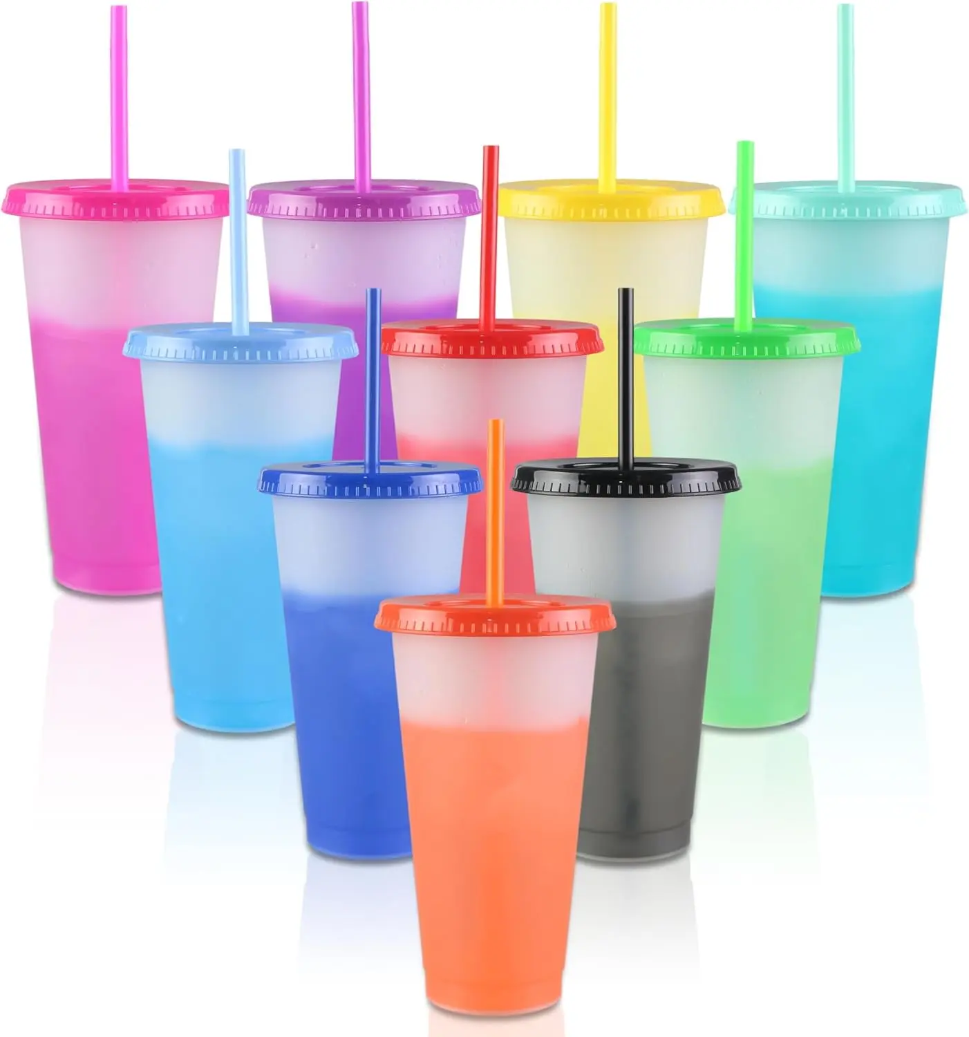 10 Pack 24oz Color Changing Cups with Lids and Straws, Reusable Color Changing Tumblers, Multicolor Cold Drink Cups for Iced Coffee, Smoothies, Beverages Party Supplies