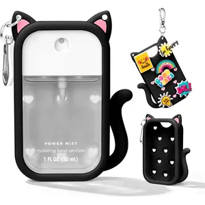Cat Silicone Case for Touchland Hand Sanitizer Spray with Keychain, Compatible with Power Mist & Glow Mist 1 FL Oz/30ML for Touchland Case, with Charms Accessory Cute Travel Cover Sleeve Black