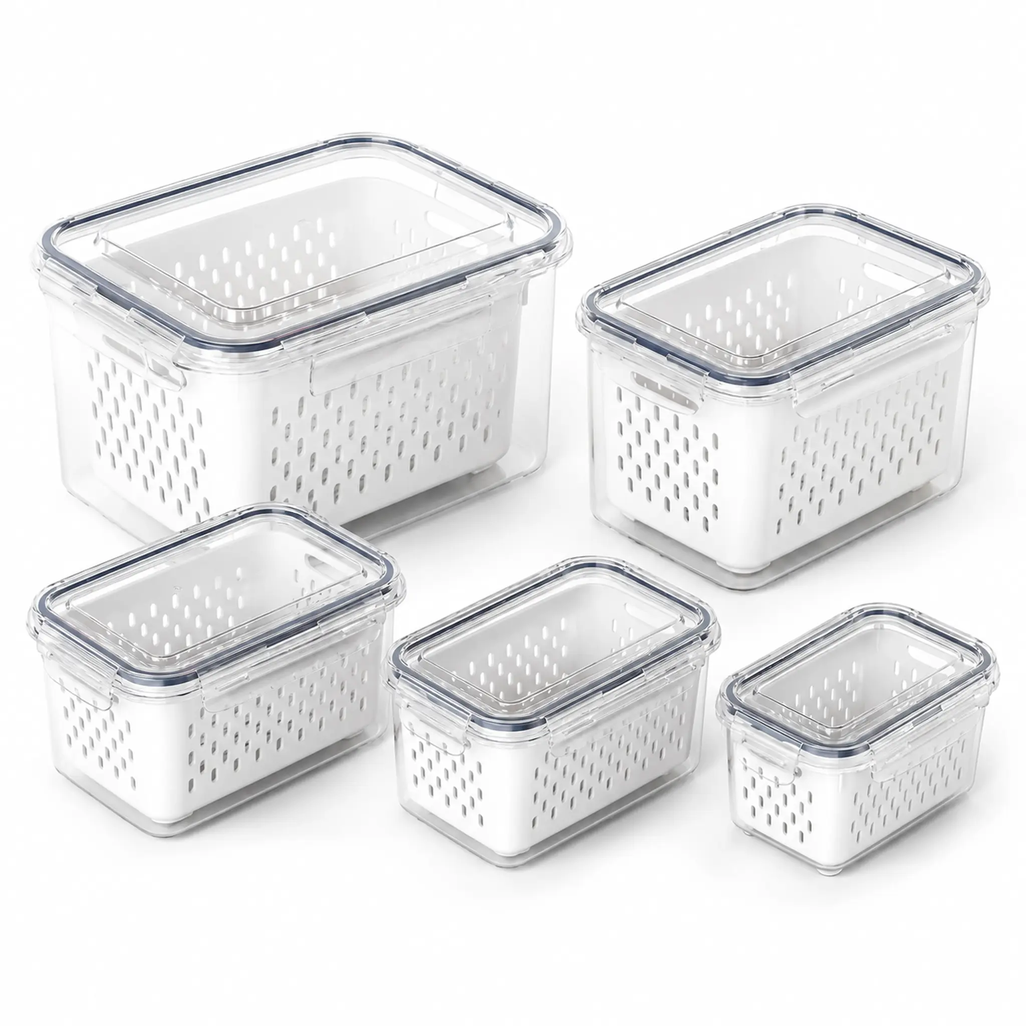 5 Pack Fridge Produce Saver Containers, Stackable Clear Fridge Organizers with Removable Colander & Airtight Lids, BPA-Free Storage for Fruit, Vegetables, Berries, Lettuce, Meat & Meal Prep
