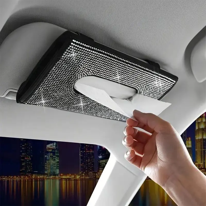 Bling Car Tissue Box, Car Tissue Holder, 1 Count PU Leather Artificial Crystal Tissue Box, Car Sun Visor Tissue Storage Box, Glitter Rhinestone Tissue Bag, Car Organization Supplies, Car Organization Accessories