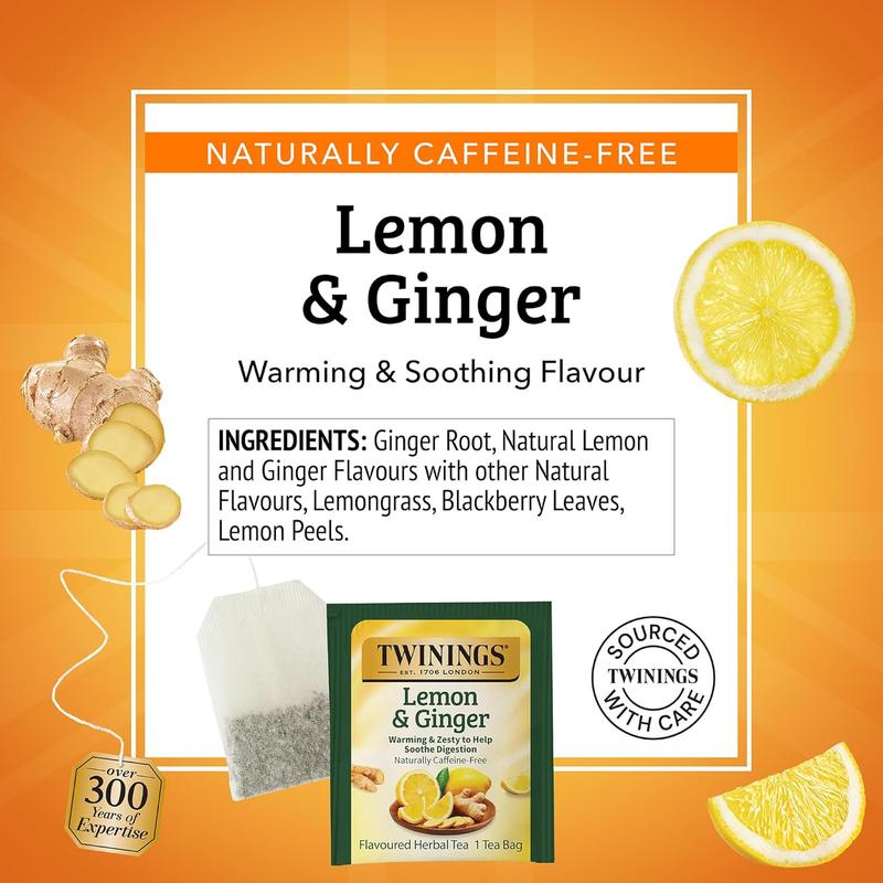 Twinings Lemon & Ginger Herbal Tea Individually Wrapped Bags, 100 Count (Pack of 1), Tangy Lemon, Spicy Ginger, Naturally Caffeine-Free, Enjoy Hot or Iced, 100 Teabags