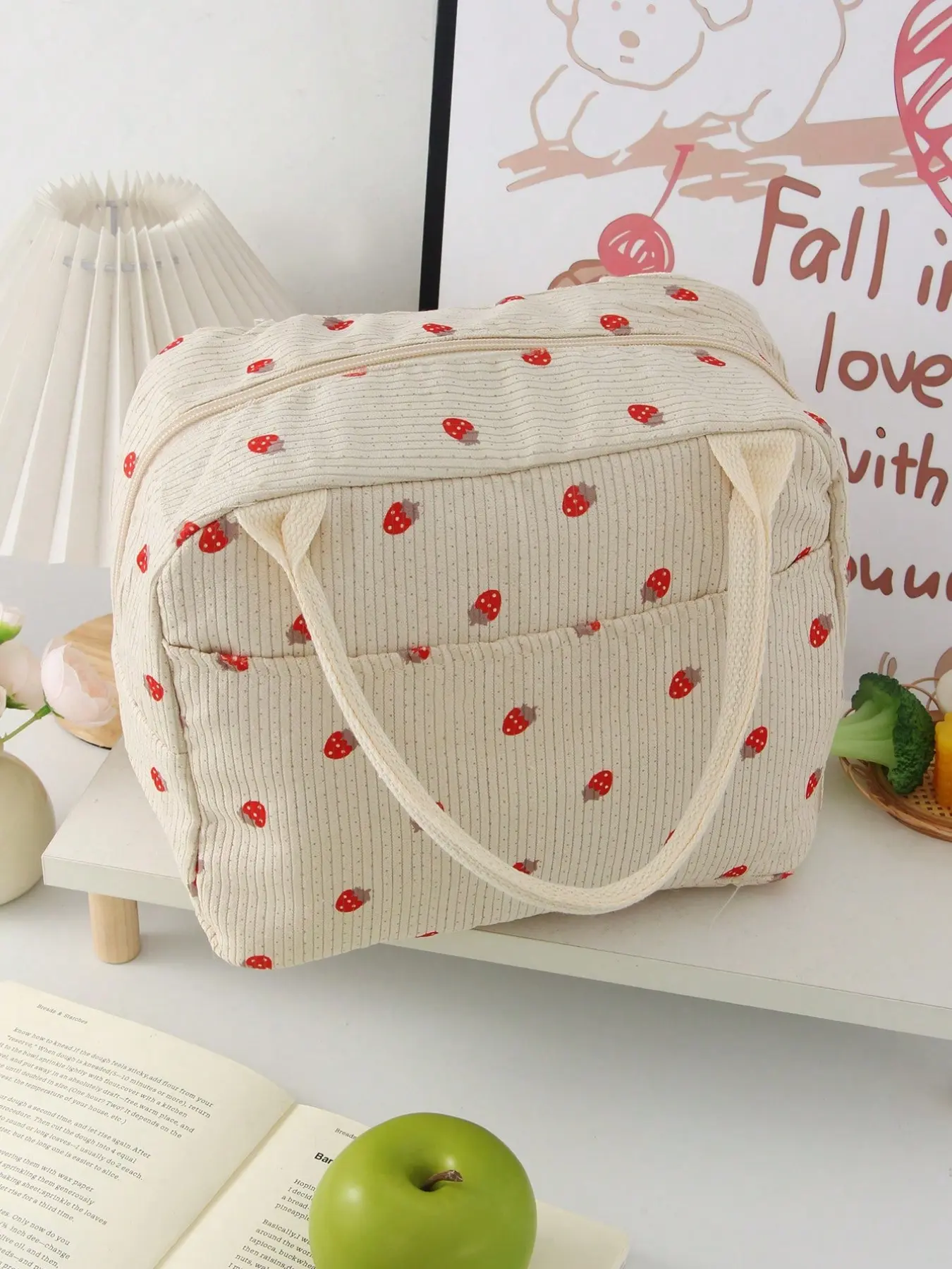 Strawberry Print Corduroy Lunch Bag, Insulated Food Storage Handbag, Insulated Snack Bag, School Cooler Bag, Picnic Food Pouch, Portable Lunch Box, Cute Bento Bags, Corduroy Lunch Tote