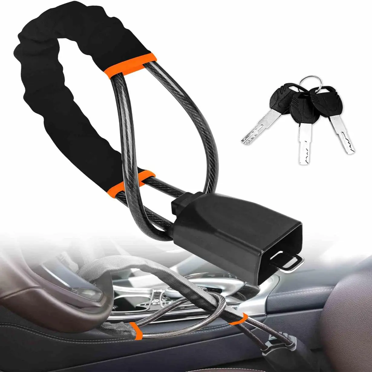 Steering Wheel Lock, Car Seat Belt Lock, Anti Theft Car Device, Vehicle Security Lock, 17 Inch Steering Wheel Anti Theft Lock with Keys for Cars SUVs Trucks Golf Carts