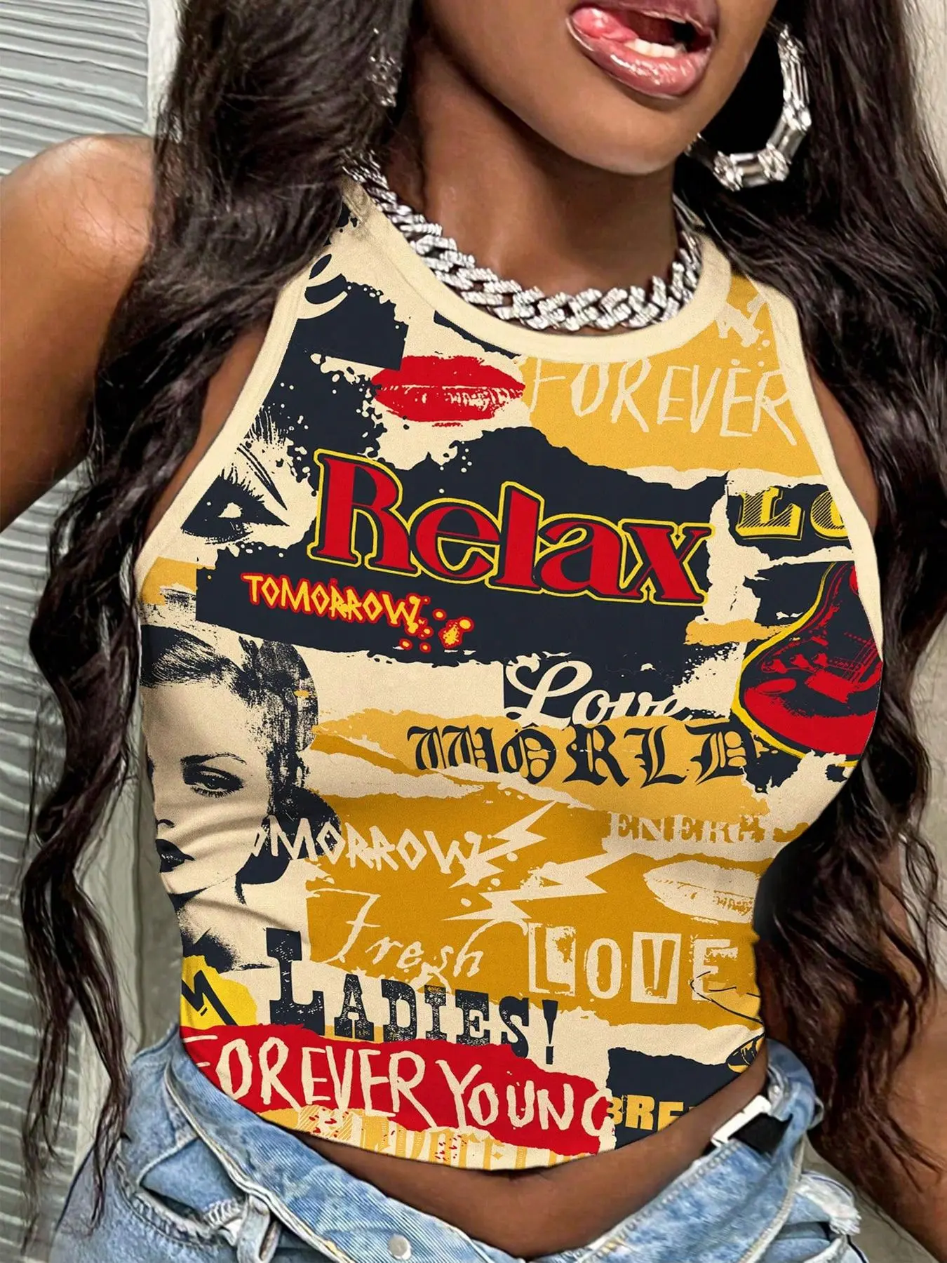 Women's Graphic Print Round Neck Tank Top, Lightweight Street Fashion Casual Chic Sleeveless Top for Daily Outdoor Wear, Ladies Clothes for Spring Summer