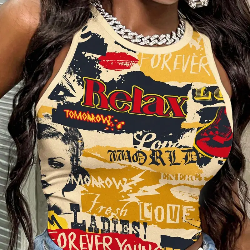Women's Graphic Print Round Neck Tank Top, Lightweight Street Fashion Casual Chic Sleeveless Top for Daily Outdoor Wear, Ladies Clothes for Spring Summer