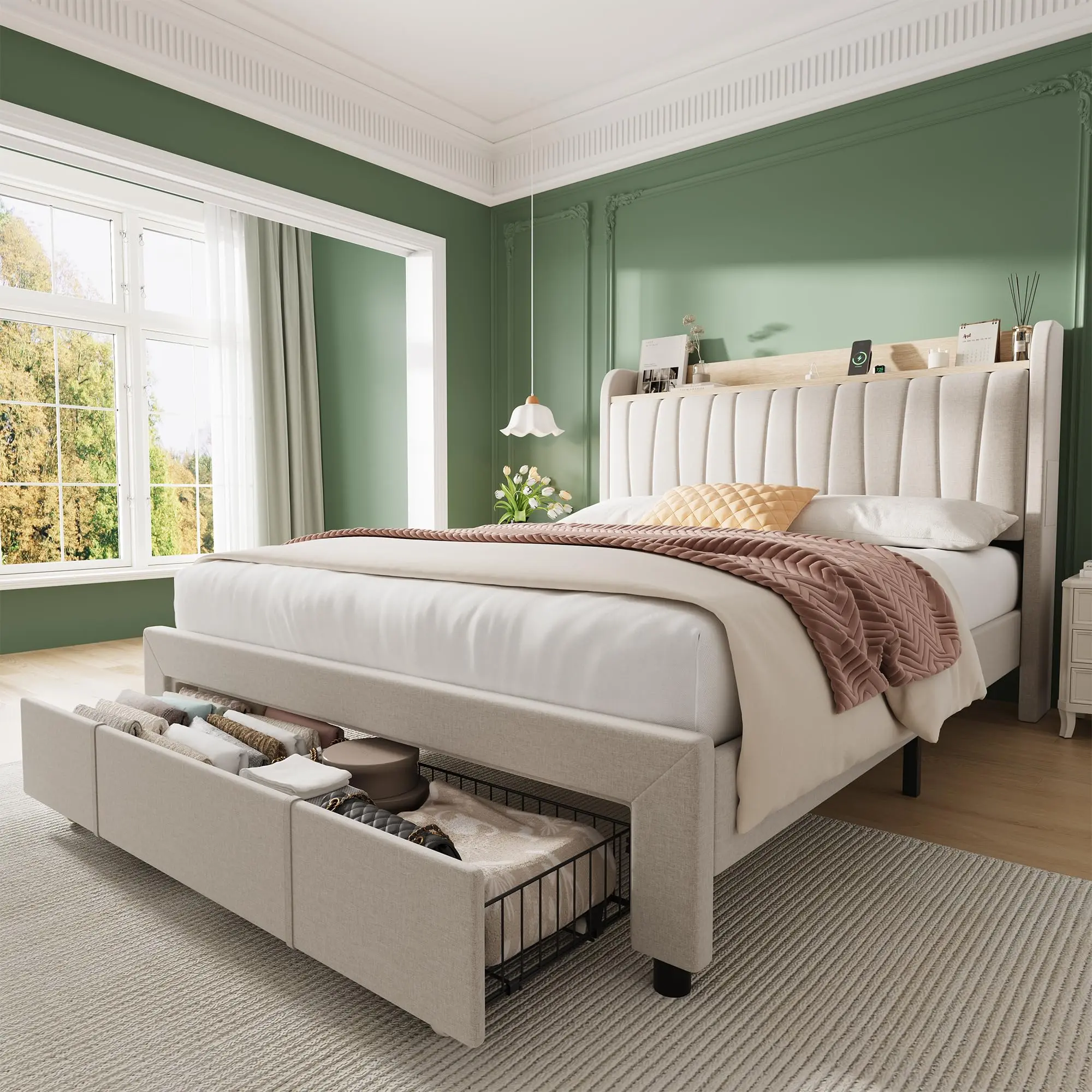 Garvee - Marco de Cama tapizado con cabecera de Almacenamiento, Cama de Plataforma de Tela de Lino de tamaño matrimonial con estación de Carga y cajón, no Necesita somier, fácil Montaje, Color Beige