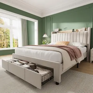 Garvee - Marco de Cama tapizado con cabecera de Almacenamiento, Cama de Plataforma de Tela de Lino de tamaño matrimonial con estación de Carga y cajón, no Necesita somier, fácil Montaje, Color Beige