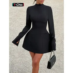 Women’s solid mock-neck dress, elegant fashion chic long-sleeve short dress for daily casual outdoor wear, women’s dress for fall and winter