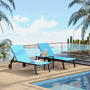 3 Piece Outdoor Lounge Chairs with Wheels, Adjustable Backrest Poolside Loungers, Patio Chaise Lounge Set with Side Table for Backyard, Garden, Pool