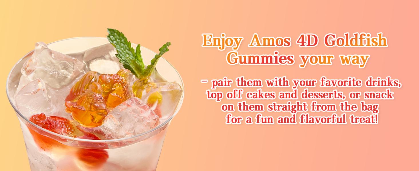 Amos 4D Gummy Lucky Fish Candy, 3D Goldfish-Shaped Gummies with Mango & Peach Juice, 65g per Bag, Gluten-Free Snack Amos 4D Gummy Lucky Fish Candy, 3D Goldfish-Shaped Gummies with Mango & Peach Juice, 65g per Bag, Gluten-Free Snack