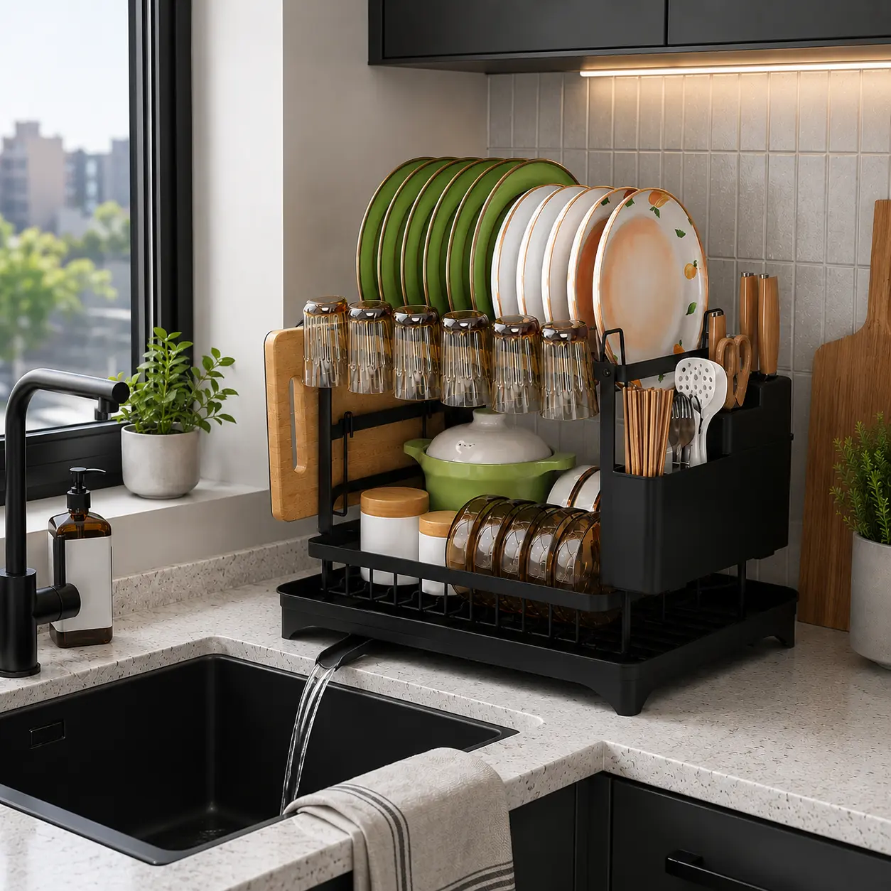 Kitchen Organization Rack, 2 Tier Dish Drying Rack with Drainboard, Space Saving Countertop Storage Organizer for Plates, Bowls, Cups and Utensils