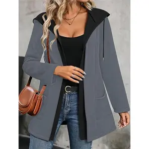 Women��s Color Block Hooded Cardigan Sweatshirt, Stylish Jacket with Pockets for Casual Wear, Trendy Lightweight Layer for Fall