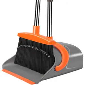 Adjustable Comfortable Long-Handle Broom and Dustpan Set, Upright Standing Design, Full-Size Head, Debris-Removing Teeth, Efficient Indoor Home Cleaning & Organizing Tool (Gray&Orange)