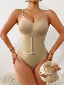 Women's Solid Color Spaghetti Strap Front Hook & Eye Closure Shapewear Bodysuit, Tummy Control Shaper, Women's Shapewear for Daily Wear, Modest Tummy Control