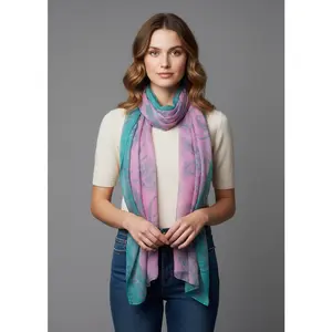 Women’s Elegant Paisley Solid Border Sheer Versatile Sarong Scarf (Pink-Teal)