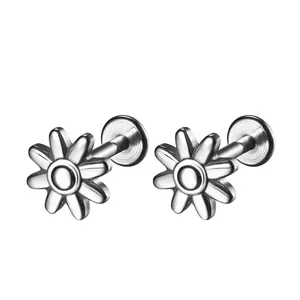 OIDEA Flower Flat Back Stud Earrings 16G 316 Stainless Steel Screw Cartilage Floral Stud for Women Hypoallergenic Silver