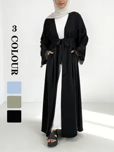 [Free Hijab] Spring Atmosphere Maxi Open Front Islamic Abaya with Lace Patchwork, Comfortable Fabric, Pockets, Wide Sleeves, 3 Colors, 5 Sizes, Muslim Wear, Elegant Abaya#MuslimWear #ElegantAbaya #hijab #RomanticStyle [Does not include inner]